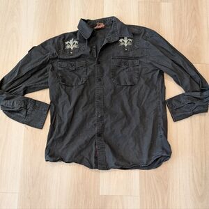 Roar Black Long Sleeve Button Up With Patches Size XL
